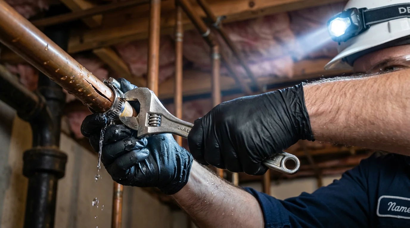Emergency pipe clamp repair being performed by a Johns Plumbing LLC plumber in Glenwood Springs