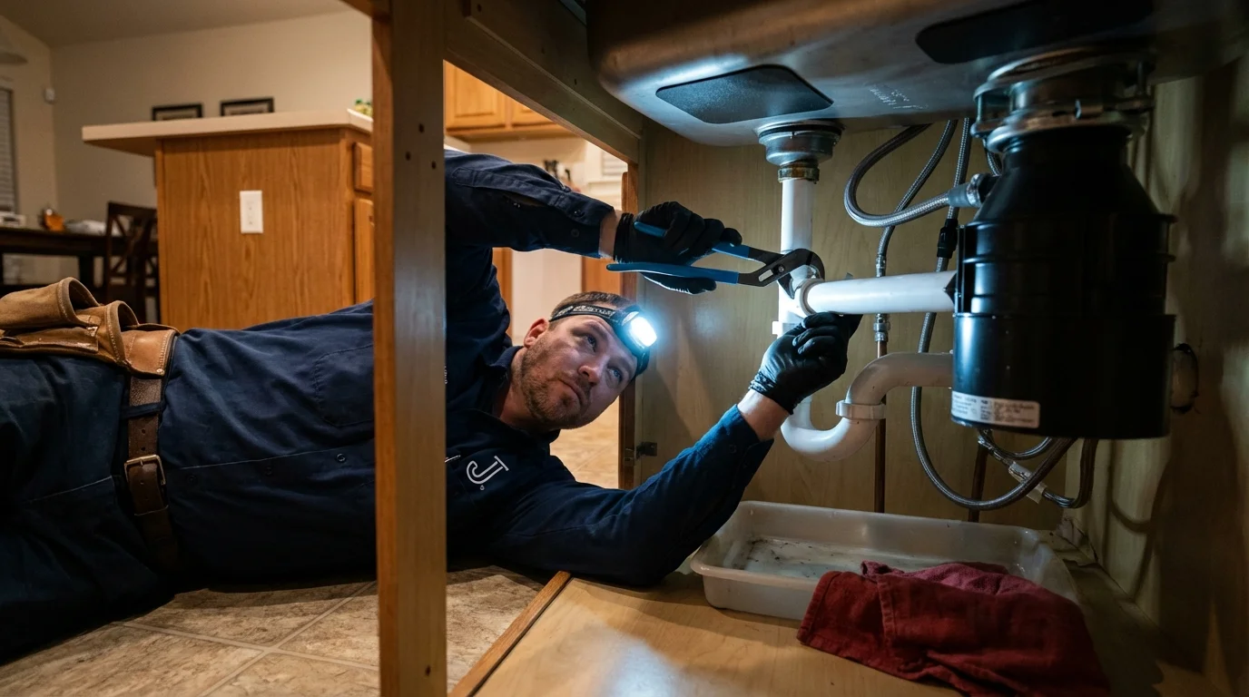 P-trap and supply line connections under a kitchen sink showing a common leak point in Glenwood Springs, CO